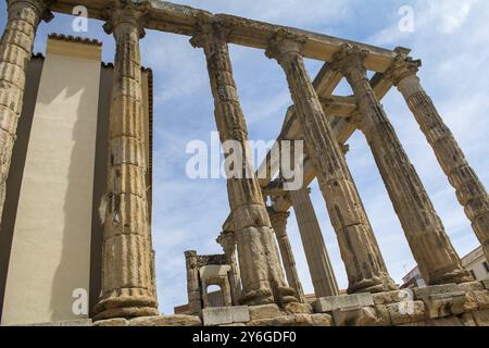 Architektonische Säulen des römischen Ruinentempels von Diana in Merida, Extremadura, Spanien. Reisen und Tourismus Stockfoto