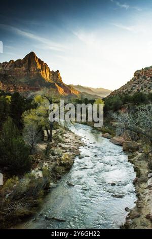 Blick auf den Watchman im Zion National Park, Utah, mit Virgin River, der während des Sonnenuntergangs in die Bergkette fließt und die Felsen orange färbt Stockfoto