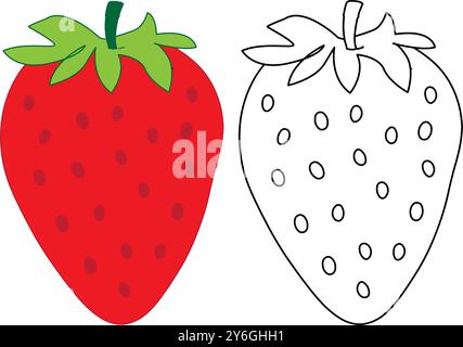 Erdbeere mit ihrem Umriss, Illustration für die Färbung Aufgabe, Lehrmaterial, handgezeichnete Skizze schwarz-weiß und Farbe Leinenvektor Stock Vektor