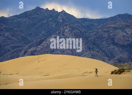 Der Reisende in der Wüste. Wandern auf Sanddünen in den Bergen. Gobi Wüste, Mongolei, Asien Stockfoto