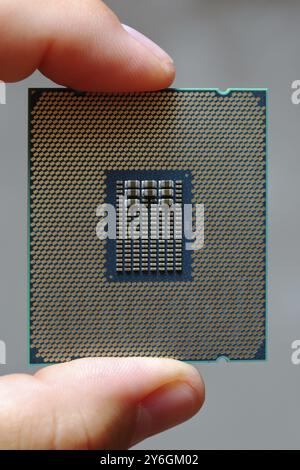Die Finger des Menschen halten ein modernes CPU-Makro der zentralen Prozessoreinheit Stockfoto