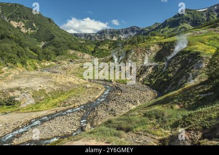 Heiße Quellen und Fumarolen im berühmten Tal der Geysire, Kamtschatka Halbinsel, Russland, Europa Stockfoto