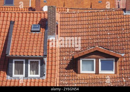 Rötliches Dach mit Dachziegeln und Oberlichtern im historischen Stadtzentrum Hildesheim, Niedersachsen, Deutschland, Europa Stockfoto