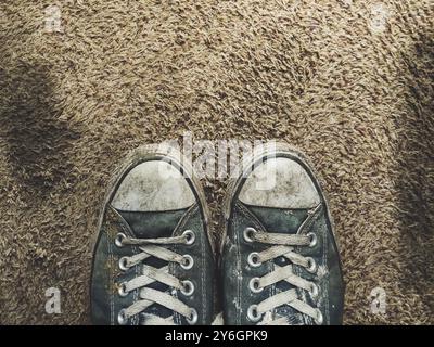 Ein Paar abgenutzte schwarze Sneakers auf braunem Teppich Stockfoto