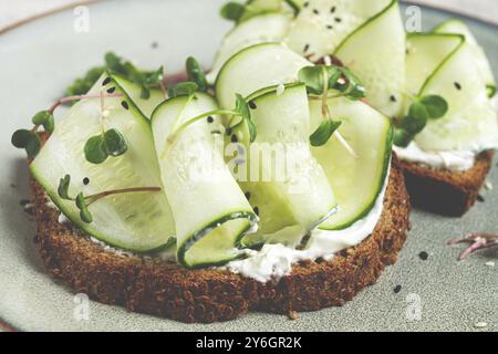 Essen, Frühstück, Müsli Brot Sandwiches, Frischkäse, Gurkenscheiben, mit Mikrogrün auf einem Leuchttisch, Nahaufnahme, Draufsicht, selektiver Fokus, Nein Stockfoto