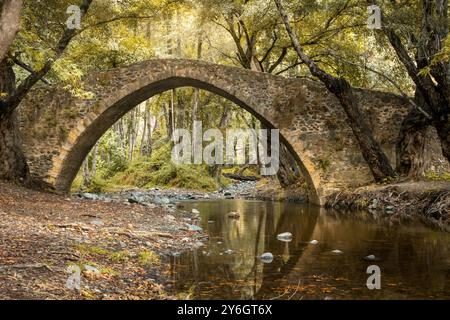 Kelefos Zypern mittelalterliche und venezianische Brücke (Tzielefos Brücke) zwischen Agios Nikolaos und Platres Dörfer, Troodos Gebirge im Frühherbst Stockfoto