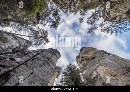 Teplice Rocks, Teil des Bergparks Adrspach-Teplice im Broumov Hochland in Böhmen, Tschechien, Europa Stockfoto