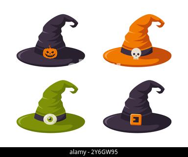 Set Halloween Hexenhüte isoliert auf weißem Hintergrund. Illustration des flachen Vektors Stock Vektor