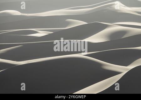 Hintergrund mit schönen Strukturen von sandigen Dünen bei Sonnenaufgang in der Wüste Sahara Stockfoto