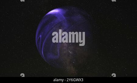 Abstrakte, violette, transparente Kugel, Wissenschaftshintergrund. Digitale Technologie Planetenstruktur im Weltraum Stockfoto