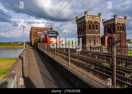 Die Eisenbahnbrücke Duisburg-Hochfeld-Rheinhausen, über den Rhein, Regionalzüge und viele Güterzüge queren hier den Rhein, von 1950, Stahl Fachwerkbrücke, Duisburg, NRW, Deutschland, Eisenbahnbrücke DU *** die Eisenbahnbrücke Duisburg Hochfeld Rheinhausen, über den Rhein, Regionalzüge und viele Güterzüge überqueren hier den Rhein, ab 1950, Stahlfachwerkbrücke, Duisburg, NRW, Deutschland, Eisenbahnbrücke DU Stockfoto