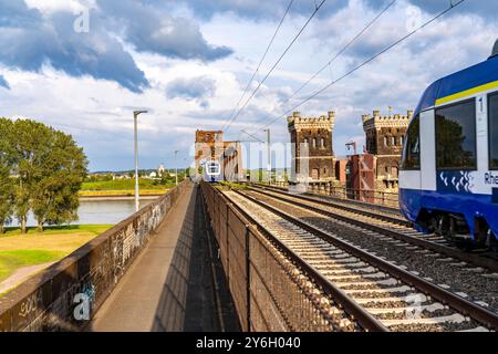 Die Eisenbahnbrücke Duisburg-Hochfeld-Rheinhausen, über den Rhein, Regionalzüge und viele Güterzüge queren hier den Rhein, von 1950, Stahl Fachwerkbrücke, Duisburg, NRW, Deutschland, Eisenbahnbrücke DU *** die Eisenbahnbrücke Duisburg Hochfeld Rheinhausen, über den Rhein, Regionalzüge und viele Güterzüge überqueren hier den Rhein, ab 1950, Stahlfachwerkbrücke, Duisburg, NRW, Deutschland, Eisenbahnbrücke DU Stockfoto