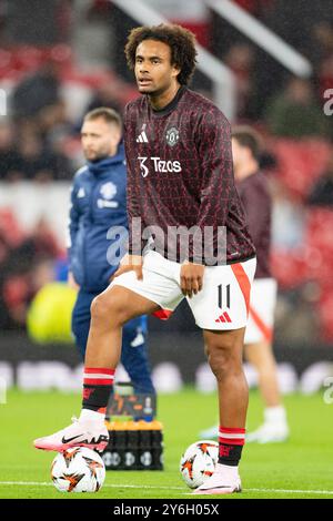 Manchester, Großbritannien. September 2024. Old Trafford MANCHESTER, ENGLAND – 25. SEPTEMBER: Joshua Zirkzee von Manchester United. Aufwärmphase vor dem Spiel der UEFA Europa League 2024/25 League Phase MD 1 zwischen Manchester United und FC Twente am 25. September 2024 in Manchester, England. (Foto: Richard Callis/SPP) (Richard Callis/SPP) Credit: SPP Sport Press Photo. /Alamy Live News Stockfoto