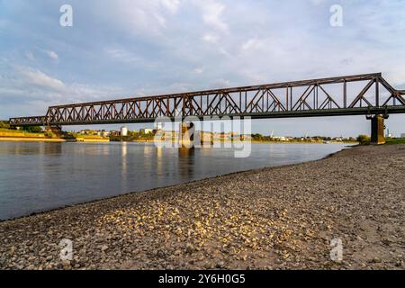 Die Eisenbahnbrücke Duisburg-Hochfeld-Rheinhausen, über den Rhein, Regionalzüge und viele Güterzüge queren hier den Rhein, von 1950, Stahl Fachwerkbrücke, Duisburg, NRW, Deutschland, Eisenbahnbrücke DU *** die Eisenbahnbrücke Duisburg Hochfeld Rheinhausen, über den Rhein, Regionalzüge und viele Güterzüge überqueren hier den Rhein, ab 1950, Stahlfachwerkbrücke, Duisburg, NRW, Deutschland, Eisenbahnbrücke DU Stockfoto