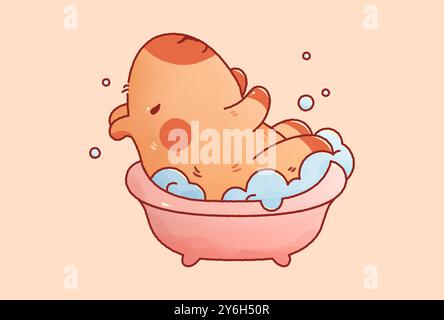Kawaii Cutie Capybara nimmt ein Bad mit Seifenschaum. Stock Vektor