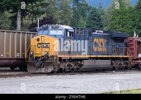 Skykomish. WA. USA - 26. August 2024; CSX Güterlokomotive im Pazifischen Nordwesten mit Markenaufschrift und Logo Stockfoto