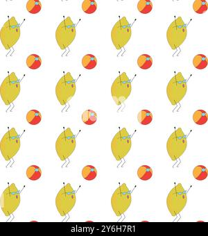 Lustige Zitronenfigur mit einem Ball. Vektorabbildung. Nahtloses Muster. Stock Vektor