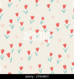 Nettes Hand gezeichnetes nahtloses Blumenmuster mit einfachen roten Tulpen. Blumenmuster Im Kindlichen Stil. Vektorabbildung Stock Vektor