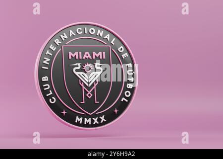 Buenos Aires, Argentinien - 25. September 2024: Emblem der Miami International Fussballmannschaft in drei Dimensionen mit Kopierraum. 3D-Abbildung. Stockfoto