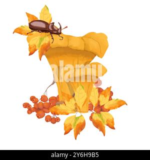 Pfifferlingen mit vogelblättern und Beeren, mit Nashornkäfer, Herbstillustrationskomposition. Digitales Aquarell für Print und Web. Stockfoto