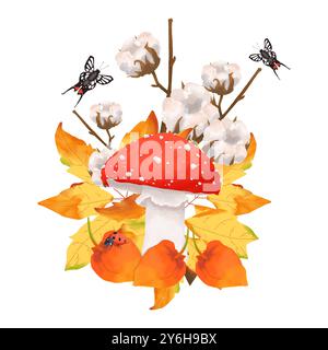 Fliegenpilz mit Physalisbeeren, Zweige mit Baumwollblüten, schwarze Schmetterlinge und Blätter, Herbstillustrationskomposition. Digitales Aquarell für Stockfoto