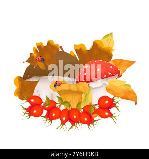 Pilze mit Hagebuttenbeeren, Orangenblätter und Marienkäfer, Herbstillustrationskomposition. Digitales Aquarell für Print und Web. Stockfoto