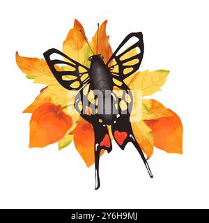 Schwarzer Schmetterling auf hellen Herbstblättern Illustrationskomposition. Digitales Aquarell für Print und Web. Stockfoto