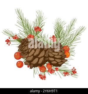 Tannenzapfen mit Fichtenzweigen und roten Beeren. Digitale Aquarellkomposition Illustration für Winterferien Stockfoto