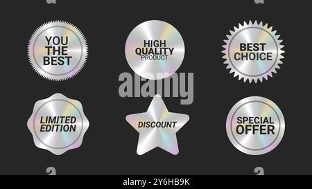 Holografische Aufkleber Logos Emblem Etiketten Farbset. Regenbogenschimmer. Zur Verpackung von Werbematerial. Aufkleber für Kleidung oder Accessoires. Vektorabbildung. Stock Vektor