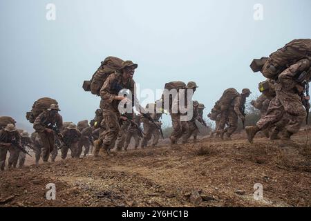 Camp Pendleton, Kalifornien, USA. 31. Juli 2024. Das U.S. Marine Corps rekrutiert mit der Alpha Company, dem 1. Rekrut Training Battalion, den Reaper während des letzten Teils des Schmelztiegels auf dem Marine Corps Base Camp Pendleton, Kalifornien, am 31. Juli 2024. The Crucible ist eine 54-stündige Veranstaltung, bei der Rekruten das Wissen anwenden, das sie während der Rekrutierungstraining gelernt haben, um den Titel USA Marine zu erlangen. (Kreditbild: © Sarah Grawcock/U.S. Marines/ZUMA Press Wire) NUR FÜR REDAKTIONELLE ZWECKE! Nicht für kommerzielle ZWECKE! Stockfoto