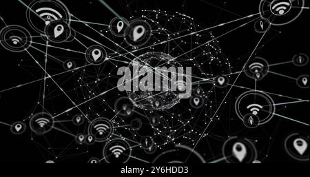 Bild eines Netzwerks von Verbindungen mit Symbolen auf der ganzen Welt Stockfoto