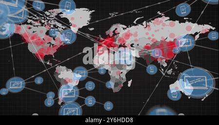 Bild des Netzes von Verbindungen mit Spots auf der Weltkarte Stockfoto