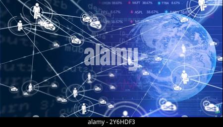 Bild eines Netzwerks von Verbindungen mit Symbolen auf der ganzen Welt Stockfoto