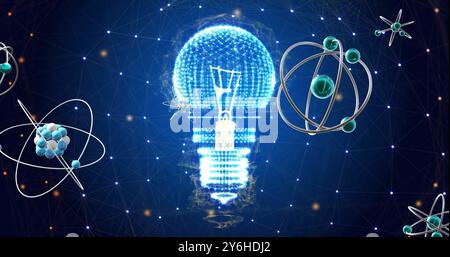 Bild von atomaren Strukturen, die sich über Glühbirne und Netzwerke auf dunklem Hintergrund bewegen Stockfoto