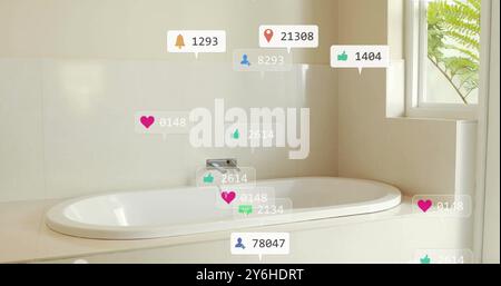 Symbole für Social-Media-Interaktionen werden über einem modernen Badezimmer mit weißer Badewanne dargestellt Stockfoto