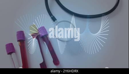 Bild von dna-Strängen über Reagenzgläsern mit Blut und Stethoskop Stockfoto