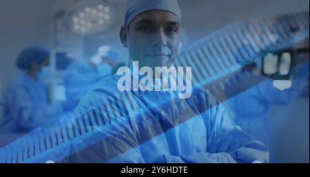Bild von dna-Strängen über birassischen männlichen Chirurgen Stockfoto
