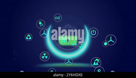 Symbol für erneuerbare Energien und Umweltschutz über dem Symbol für glühendes Schloss Stockfoto