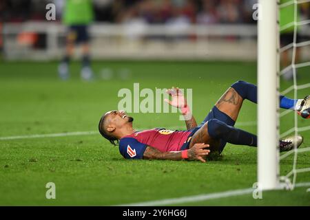 Barcelona, Esp. September 2024. FC BARCELONA GEGEN GETAFE CF. 25. September 2024 Raphina (11) des FC Barcelona reagiert während des Spiels zwischen dem FC Barcelona und Getafe CF, das dem siebten Tag der La Liga EA Sports im Olimpic-Stadion Lluis Companys aus Montjuic entspricht. Quelle: Rosdemora/Alamy Live News Stockfoto