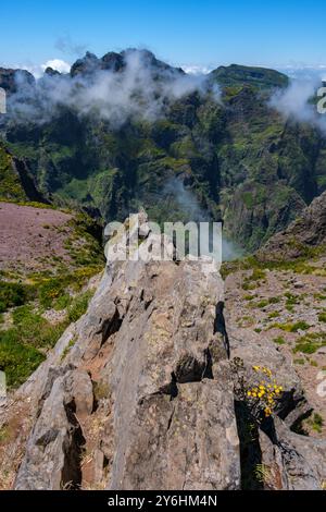 Zerklüftete Felsen, grüne Flecken, schimmernde Wolken und gelbe Blumen. Blick auf den Frühling vom Gipfel des Pico do Arieiro, Madeira Stockfoto