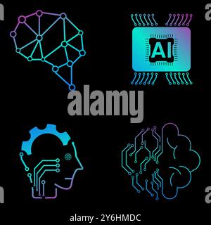 SATZ von vier Technologiesymbolen Vektor, KI Vektor Konzept, 4 Icons der KI Generierung Illustrationssymbol, KI Symbole für künstliche Intelligenz bei Dunkelheit Stock Vektor