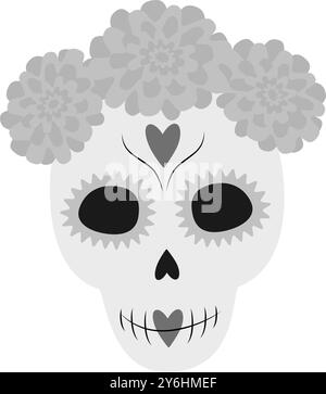 Weiblicher Schädel im Blumenkranz und Ornament im Gesicht in Graustufen. Der Tag der Toten, süße Figur. Isoliert auf weißen Vektor-Illustration-Stickern, Symbolen oder Grußkarten, Poster, Banner oder Web, Werbeaktion Stock Vektor