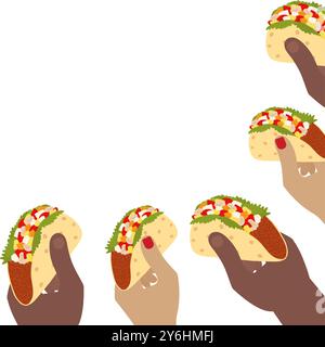 Männliche und weibliche Hände verschiedener Nationalitäten, die Tacos halten. Menschliche Hände Eckrahmen. Kopierbereich. Isoliert auf weißen Vektor-Illustration Taco Day Themenkarten, Poster, Faltblatt, Etikett, Tag oder Web Stock Vektor