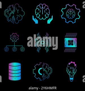 Technologie-Icons-Vektor für Gehirn-KI-Konzepte und KI-Vektordesign für Website-, UX- und UI-Stile, 9 Icons für AI-Generierung-Illustrationssymbol, auf da Stock Vektor