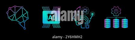 Vier von KI-Künstliche Intelligenz-Ikonen. 4 Konzept der Symbole für die Datenwissenschaft Stock Vektor