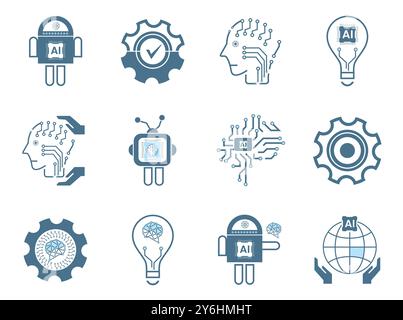 Gruppen von 12 Liniensymbolen der künstlichen Intelligenz, zwölf Technologiesymbolen und 9 kybernetischen Symbolen, Ai, Technologiesymbor, Illustration Stock Vektor