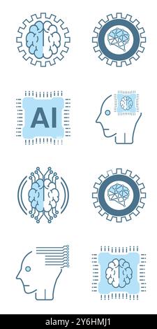 KI-Symbole, Symbole. Set aus acht künstlichen Intelligenzen, Stil, kybernetisch, Ai, Kopf, Technologie-Vektor Stock Vektor
