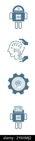 Set aus vier Liniensymbolen für künstliche Intelligenz, vier KI für Konzepte von Technologiesymbolen und vier kybernetischen Symbolen, Ai, Technologievektor, Illustratio Stock Vektor