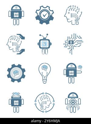 Set aus 12 Liniensymbolen für künstliche Intelligenz, 12 KI für Konzepte von Technologiesymbolen und 12 kybernetischen Symbolen, Ai, Technologievektor, Illustrationskonz Stock Vektor