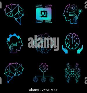 SATZ von neun Technologiesymbolen Vektor, KI-Vektorkonzept, 9 Icons der KI-Generierung Illustrationssymbol, KI-Symbole für künstliche Intelligenz bei Dunkelheit Stock Vektor